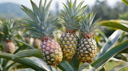 Pineapple tree with a bunch of growing mature Pineapple