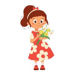 Pretty little girl with bouquet of spring flowers Happy child presenting tulips Cartoon character design for Mother's Day or Women's day greeting card, flyers, invitation Flat vector illustration