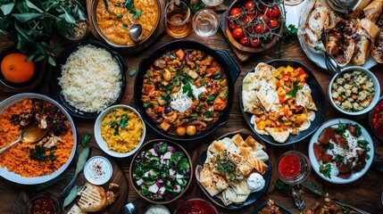 Overhead view of a festive dinner table filled with rice meat vegetables and other foods
