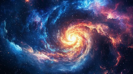 Spiral galaxy with stars and nebulas in a swirling cosmic background