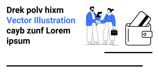 Business colleagues shaking hands and discussing a project while one holds a tablet and the other carries a briefcase. Wallet with credit cards nearby. Ideal for business, finance, collaboration