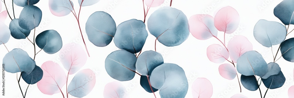 Poster delicate watercolor leaves in soft hues of blue and pink create a serene natural atmosphere. generat