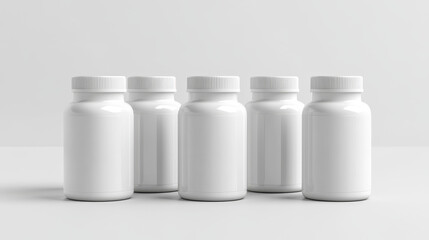 White plastic pill bottle mockup. Realistic 3d vector illustration set of vitamin or supplement jar template. Closed package container for medicine with cap. Pharmacy cylinder packaging canister.