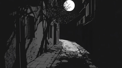 Shadows loom large in an alley steeped in suspense. Eerie Moonlit Alleyway. Illustration