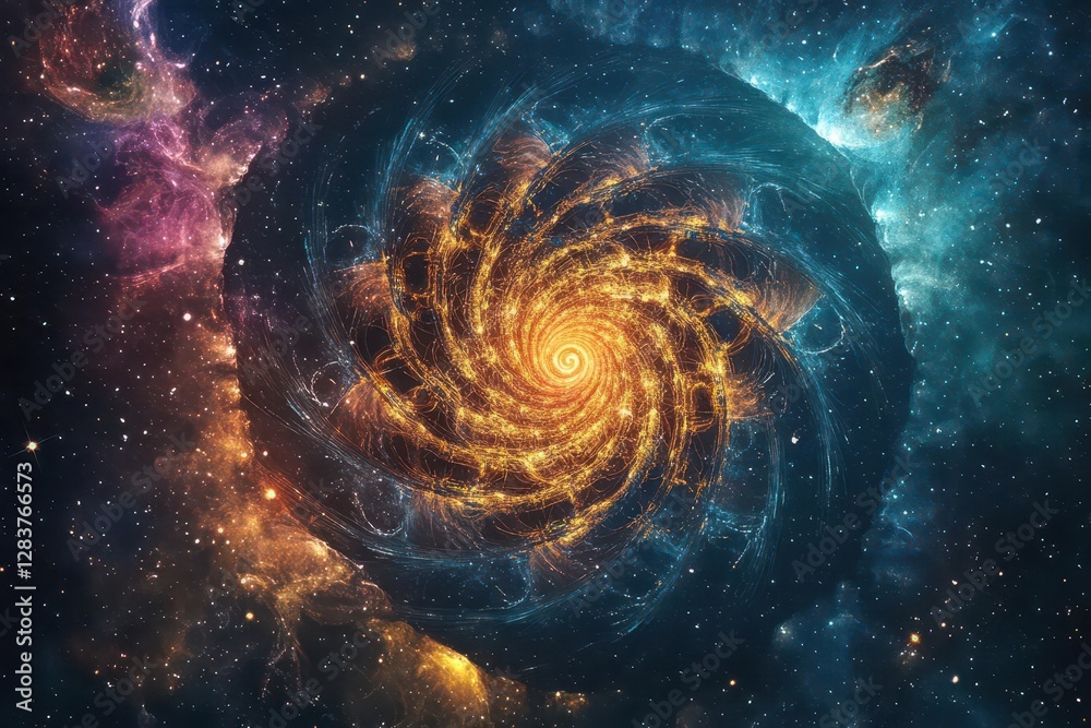 Wall mural cosmic mandala with iridescent sacred geometry patterns radiating from central golden spiral in deep