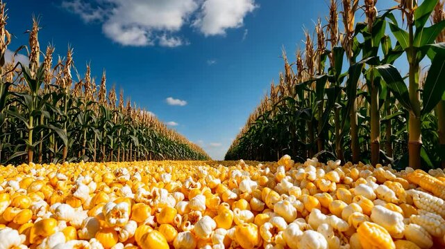 Scenic Popcorn Cornfield Under Blue Sky, Cultivating Ingredients for Snacks