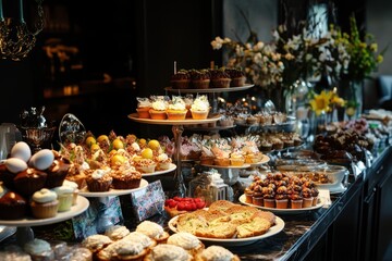 Fototapeta premium Festive Easter Brunch Table Decorated with Delicacies: Quiche, Cupcakes, and Colorful Eggs Ready for Celebration