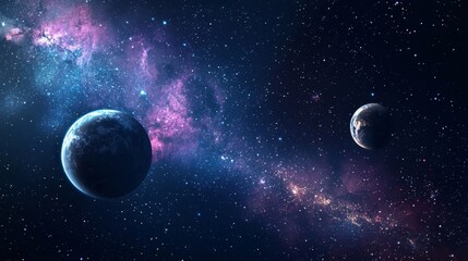 Obraz premium Space scene featuring multiple planets and stars in a dark cosmic background