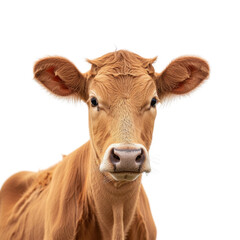 Young brown cow with big ears and curious expression