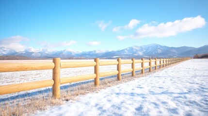 Fototapeta premium Wooden fence stretches across a snow-covered field in a rural mountain valley under a clear blue sky.