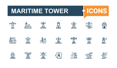 Maritime Tower line icons. Pack of lighthouse, safety, beach, beam, wave, sailor, island and more. Sign and Symbol. Vector line and solid icons.