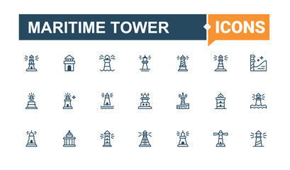 Maritime Tower line icons. Pack of lighthouse, safety, beach, beam, wave, sailor, island and more. Sign and Symbol. Vector line and solid icons.