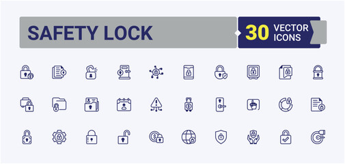 Safety Lock trendy minimal icons. Contains linear outline icons like pad, closed, protection, entree, unlock, private. Flat icon. Outline and solid pictogram.
