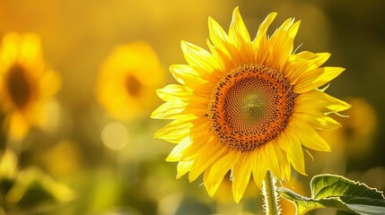 Close-up of a vibrant sunflower on a bright yellow background in natural light