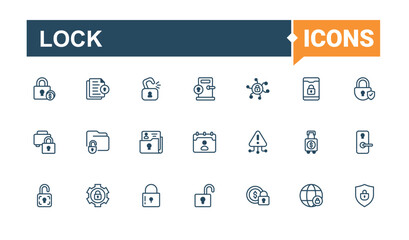 Lock icon collection. Containing door, red, passkey, business, key, protect and more. Line with editable stroke. Solid line editable stroke.
