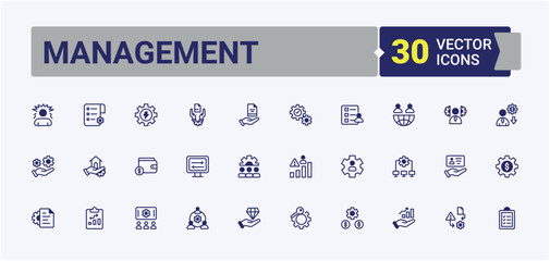 Management icons. Related to person, organization, presentation, businessman, hand, manager, search, process. Web icons. Vector line and solid icons.
