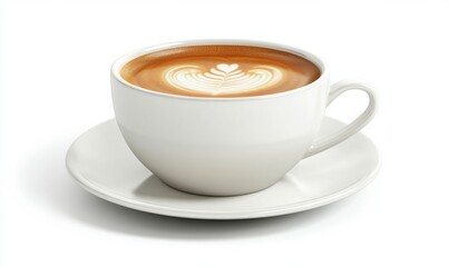 Latte art coffee cup on white saucer, isolated on white for cafe menus