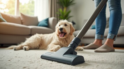 Fototapeta na wymiar Dog Hair Fur, Woman Cleaning Vacuuming Carpet with Vacuum Cleaner with Pet, Allergy and Asthma, - home-cleaning scene, ideal for pet care and household marketing.