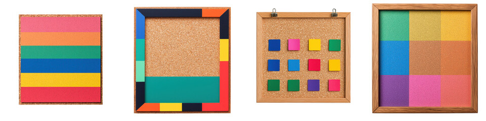 Fototapeta premium Vibrant and modern abstract art composition featuring a collection of geometric shapes and patterns in a range of bold contrasting colors displayed within various framed canvases or displays