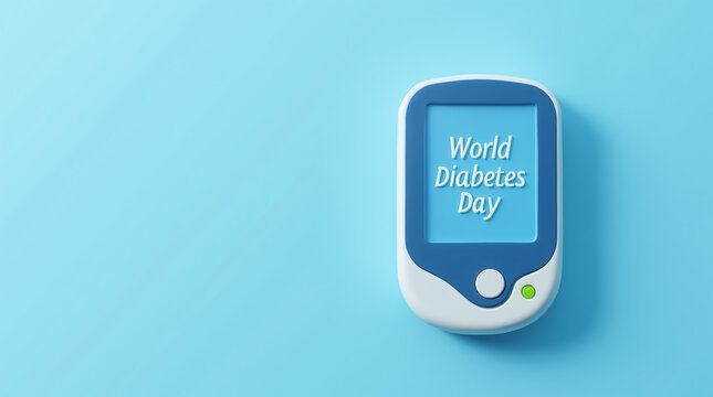 Word Diabetes Day on Display of Glucometer on Clean Blue Background with Copy Space 
