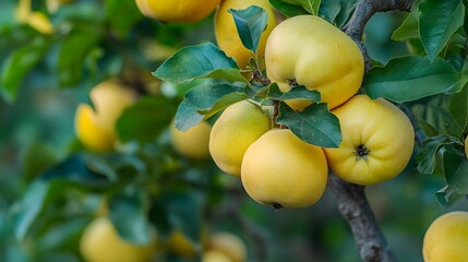 Quince tree with a bunch of growing mature Quince