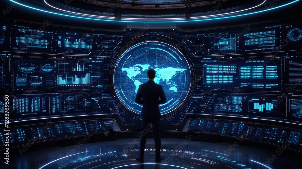 Poster business professional in futuristic control room analyzing digital data and global information via h