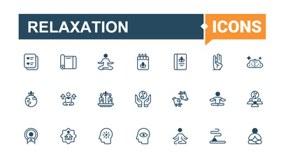 Relaxation icons. Containing time, spirit, healthy, meditation, self, health and more. Outline symbol collection. Solid line editable stroke. Vector line and solid icons.