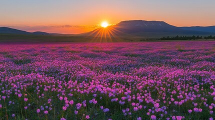 Obraz premium Sunrise over a field of wildflowers, mountains in background