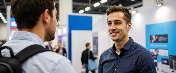 Young male software engineer engaging in interview discussion, job fair