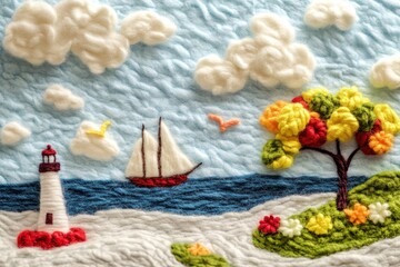 Beautiful landscape with sea, yacht, lighthouse summer day. Cute felt landscape.