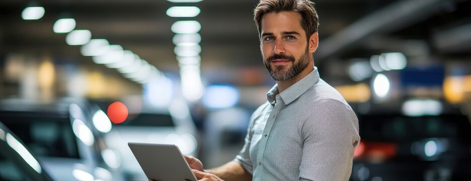 Man using tablet in car showroom