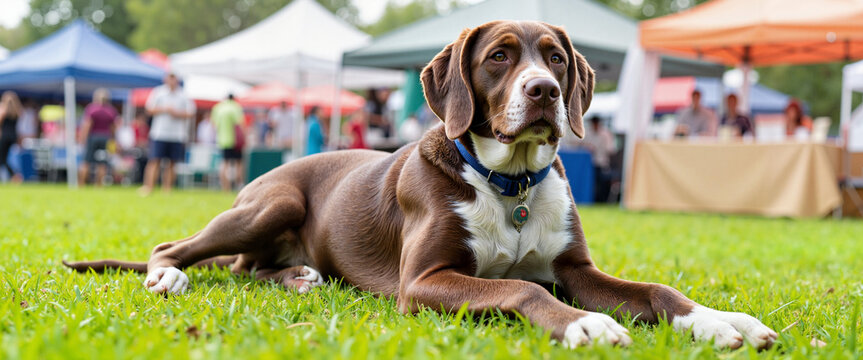 Calm dog resting on grass at pet adoption fair, community engagement