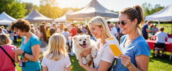 Excited volunteers sharing brochures at outdoor pet adoption fair, community spirit