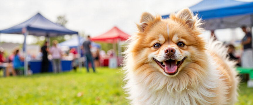 Happy Pomeranian at pet adoption fair under bright daylight, pet ownership
