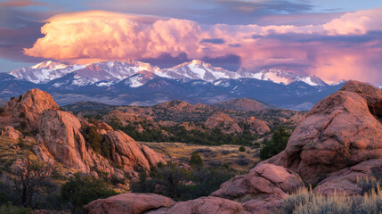 Obraz premium High mountain top landscape at sunset. Vector cartoon illustration of rock range summit scene with evening sun and peak with snow and ice above red soft clouds