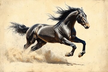 Fototapeta premium Majestic Dark Horse Running Free Desert Gallop