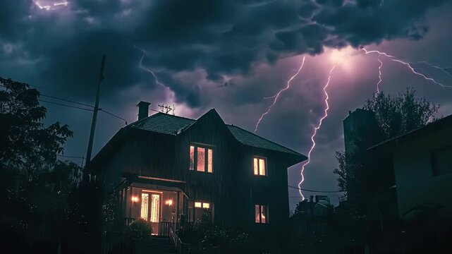 Intense lightning storm strikes house amidst dark clouds in evening, a house thunderstorm lightning strike video in background