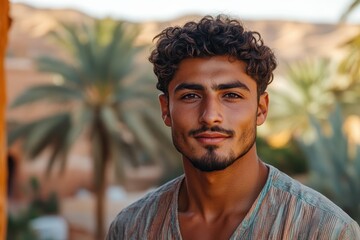 Handsome Young Man with Curly Hair Posing Outdoors in Morocco