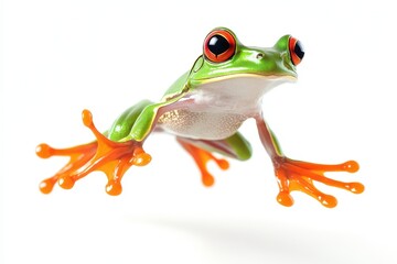 Dynamic Leap of a Green Frog: Captivating Jump in Motion Against a White Background