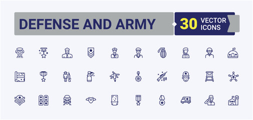 Defense and Army line icons. Featuring airplane, missile, radar, artillery, tri and more. Perfect for logos and infographic. Solid line editable stroke. Vector line and solid icons.