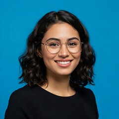 Portrait of a smiling woman in eyeglasses looking at camera isolated over blue background