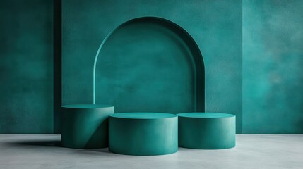 Three circular pedestals of varying heights are arranged against a teal backdrop, creating a visually appealing and minimalist design suitable for product displays