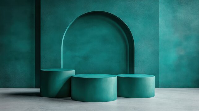 Three circular pedestals of varying heights are arranged against a teal backdrop, creating a visually appealing and minimalist design suitable for product displays