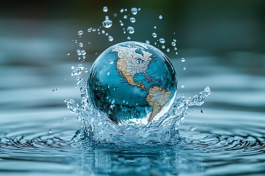 Planet Earth in the form of a globe in transparent water with splashes.