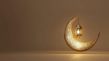 Golden crescent moon with glowing lantern on light brown background for Ramadan Kareem celebration, featuring ample copy space and high-quality design with cinematic lighting