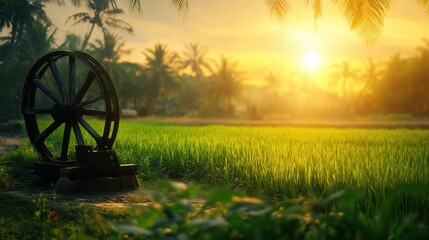 Rustic Water Wheel in Lush Rice Field at Sunrise in Tropical Landscape