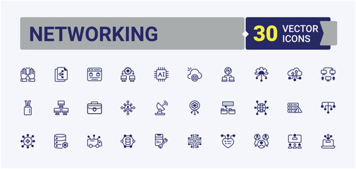 Networking minimal icon set. Pack of tech, technology, collaboration, group, network, digital, meeting, internet. Minimal linear icons. Solid line editable stroke.