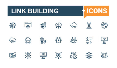 Link Building vector line icon set. Icons information, connect, data, people, technology, internet, wire, connection. Simple line vector. Solid line editable stroke.