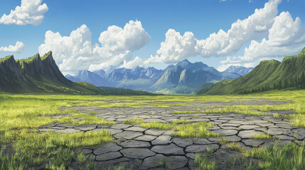 Prehistoric landscape with dinosaurs, mountains, green grass and cracks in ground after earthquake. Summer scene with ancient reptiles in jurassic or cretaceous time, vector cartoon illustration