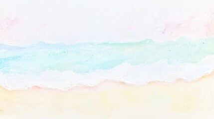 A serene watercolor landscape featuring gentle waves lapping at a sandy beach, evoking a tranquil coastal atmosphere.